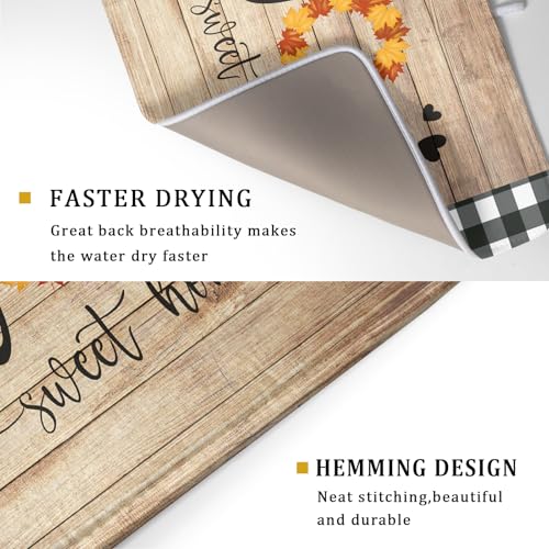 Home Sweet Home Dish Drying Mat 18x24 Inch Fall Autumn Maple Leaf Wreath Dish Drainer Mats Rustic Brown Wood Board Microfiber Dish Drying Rack Pad for Kitchen Countertop Farmhouse Decor