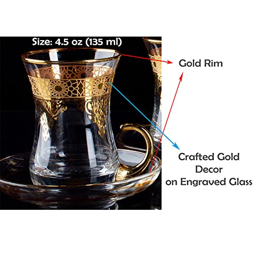 Gold Turkish Arabic Moroccan Tea Glasses Cups Set of 6 and Saucers Glassware Drinking Women Party Fancy Drinkware Style Vintage Persian Kitchen Decor Drinks (6 Count)