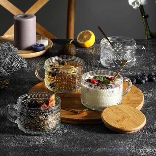 6 Pack 14oz Vintage Glass Coffee Mugs with Bamboo Lids and Spoons (6 Count)