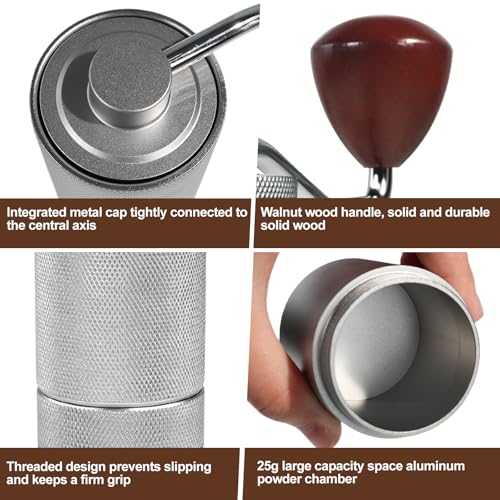 Manual Coffee Grinder Gift Box Detachable Stainless Steel Conical Burr Aluminum Coffee Bean Grinder with 25 Grinding Settings Cleaning Brush Grindable Espresso Moka Pot for Camping Silver