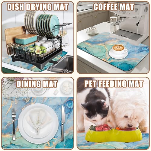 Turquoise and Blue Marble Coffee Mat Absorbent Dish Drying Mat for Kitchen Counter Hide Stain Rubber Backed Coffee Bar Accessories Fit Under Espresso Machine Dish Drainer