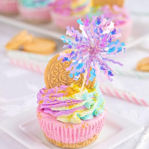 30 PCS Foil Firework Cupcake Toppers Sparkle Tinsel Cupcake Picks Happy Birthday Cake Toppers Drink Stirrers Cocktail Food Fruit Toothpicks for Baby Shower Birthday Party Decorations Supplies Purple (30 Count)