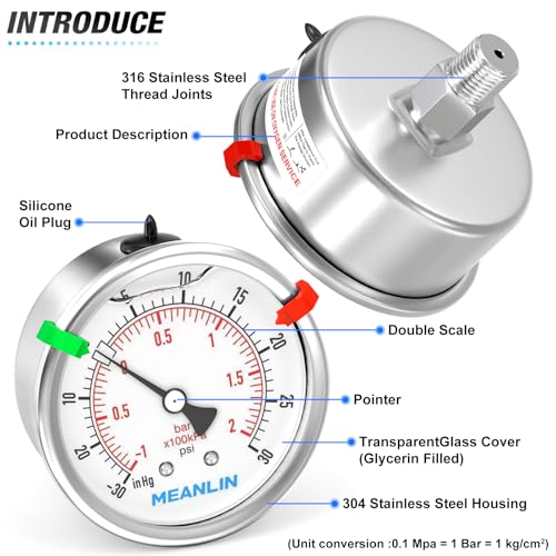 30inHG~30Psi Vacuum Pressure Gauge 316 Stainless Steel Joint 1