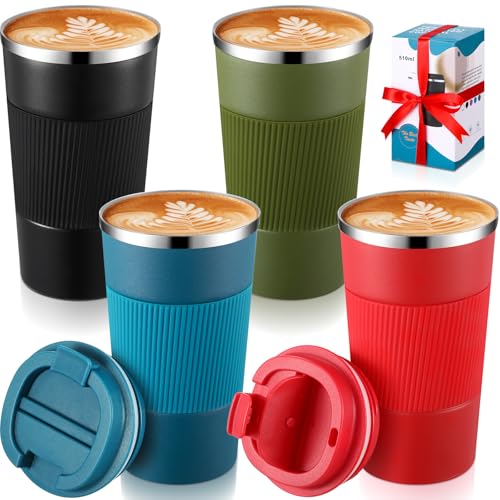 4 Pack 16 oz Bulk Travel Coffee Mug with Lid Reusable Vacuum Insulated Coffee Tumbler Double Wall Thermal Stainless Steel Camping Tea Cup for Christmas Winter Drinks Employee Gift (4 Count)