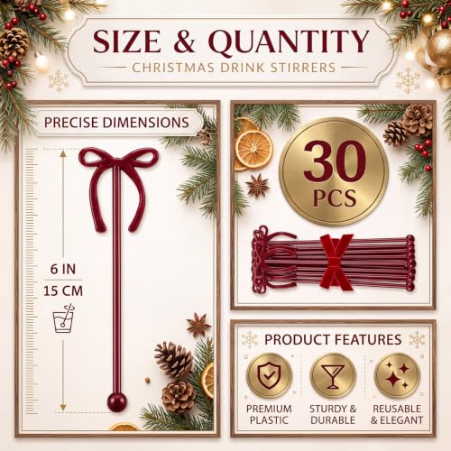 30 Pcs Christmas Drink Stirrers Burgundy Bow Stir Sticks (30 Count)