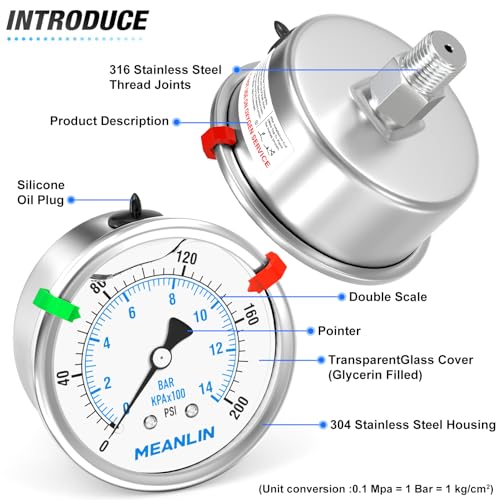 0~200Psi Stainless Steel Liquid Filled Pressure Gauge 2.5" FACE DIAL 1