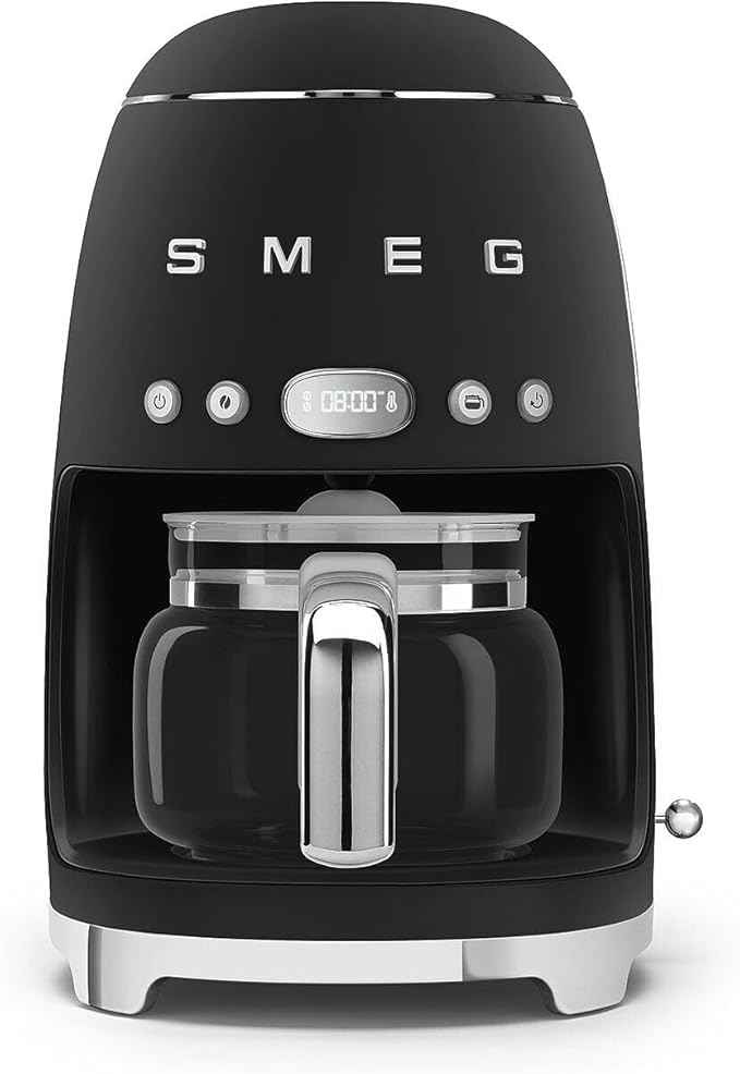 Smeg 50's Retro Style Aesthetic Drip Coffee Machine with 10 Cup Glass Carafe, Auto Start Feature, Keep Warm Plate, and Two Coffee Strength Settings (Matte Black)