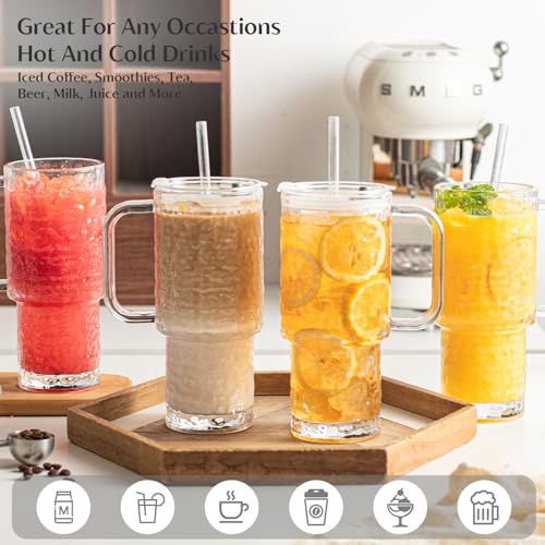 24 oz Water Ripple Glass Tumbler with Handle and Lid