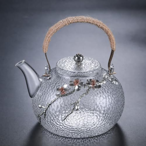 Japanese Style Hammered Glass Teapot with Plum Blossom Decor 900ml