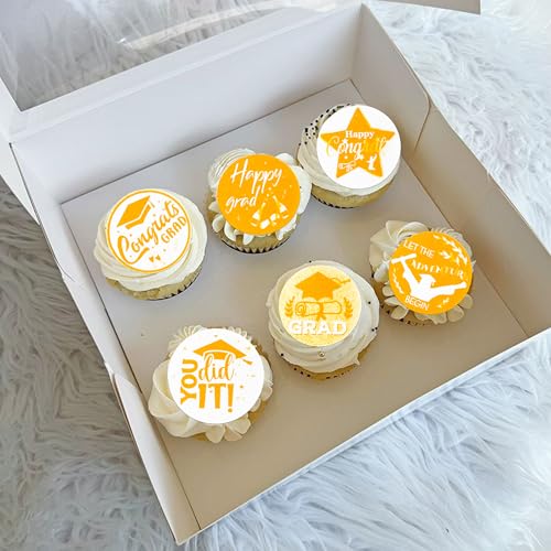 48Pcs 2026 Graduation Cupcake Toppers Wafer Paper Class of 2026 Cake Decorations Edible Congrats Grad Cupcake Picks for 2026 Graduation Theme Party Cake Supplies Gold Orange (48 Count)