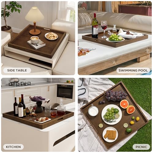 20 Inch Large Square Wooden Ottoman Tray for Living Room