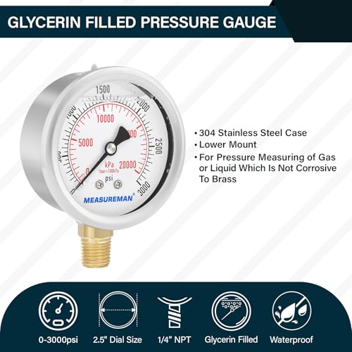 2-1/2" dial,Glycerin Filled, Stainless Steel case, Brass Inside, 0-3000psi/kpa,1/4" NPT Lower Mount