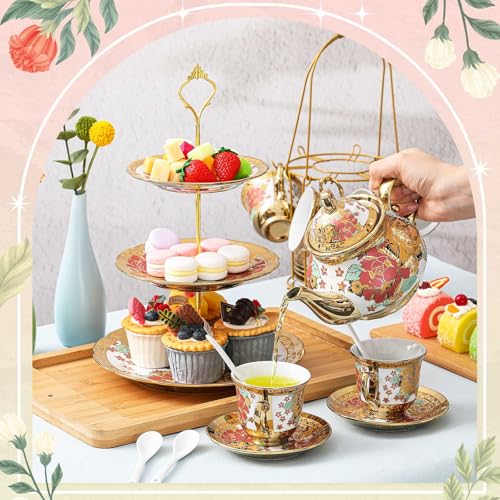 21 Pcs Porcelain Tea Set for Women Tea Party with Metal Holder and 3 Tier Cake Stand Ceramic European Floral Teapot Set for Adults Mother's Day Christmas Thoughtful Gift