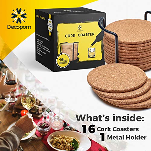 Cork Coasters for Drinks with Metal Holder (16 Count)