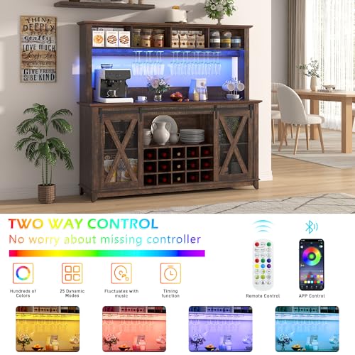 63"Wide 58"H Farmhouse Coffee Bar Cabinet with Power Outlet and LED Light