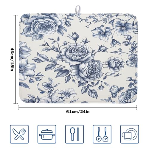 Vintage Floral Dish Drying Mat for Kitchen Counter Blue Floral Chinoiserie Pattern Dish Drying Pad 18x24 In Absorbent French Farmhouse Decor Dishes Drainer Pad Dish Dry Rack Mat for Counter Coffee Bar