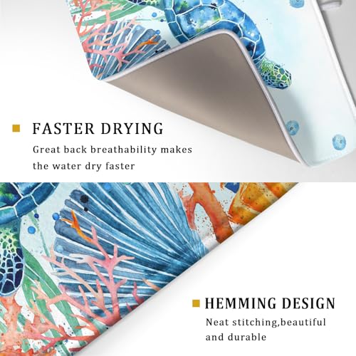 Sea Turtle Dish Drying Mat 18x24in Watercolor Blue Tortoise Dish Drainer Mats Nautical Ocean Coral Seashell Seaweed Microfiber Dish Drying Pad for Kitchen Countertop Large Decor