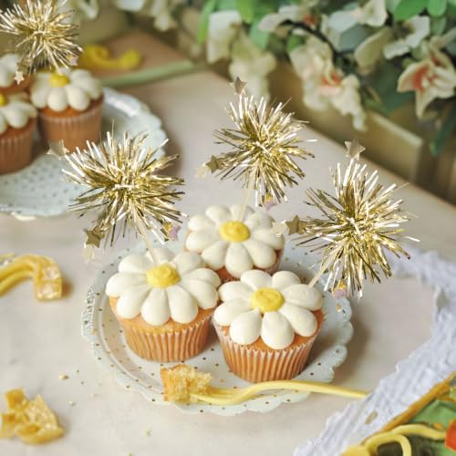 30Pcs Foil Firework Cupcake Toppers Sparkle Tinsel Cake Toppers Tinsel Drink Cake Decoration Cocktail Picks for Halloween Birthday Wedding Graduation Party Supplies Light Gold Star (30 Count)