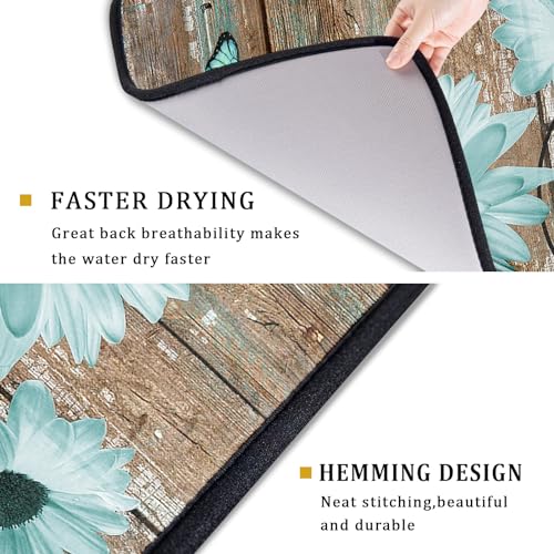 Rustic Daisy Dish Drying Mat for Kitchen Countertop 18x24 inch Teal Sunflowers on Wooden Board Dish Drainer Mats Fast Drying Country Vintage Shabby Chic Flower Dish Drying Pad Decor Large