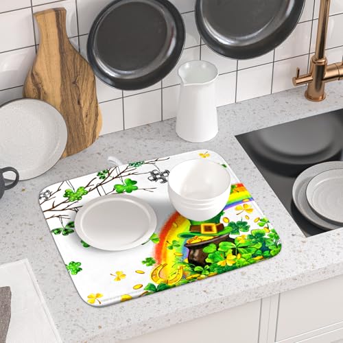 St Patrick Dish Drying Mat Small Lucky Clover Tree Shamrock Dish Drainer Mats 16x18inch Spring Elf Hat Rainbow Colorful Fast Drying Absorbent Dish Drying Pad for Kitchen Counter Decor