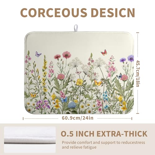 Spring Dish Drying Mat Summer Floral Flowers Kitchen Dish Drying Pad Absorbent Dish Dryer Mat for Kitchen Countertops Microfiber Dishes Drainer Pad Dish Drying Rack Mat