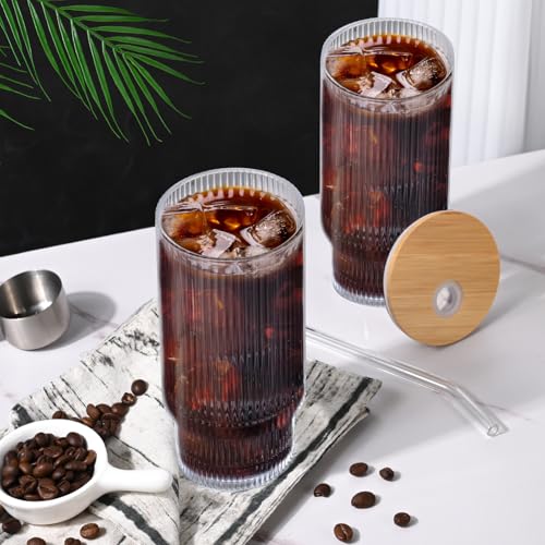 16OZ Ribbed Glass Cups with Lids and Straws