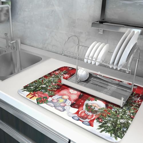 Winter Gnome Dish Drying Mat 18x24 inch Christmas Elf Trees Snowflakes Dish Drainer Mats Large Black Red Buffalo Plaids Fast Drying Dish Drying Pad for Kitchen Countertop Holiday Decor