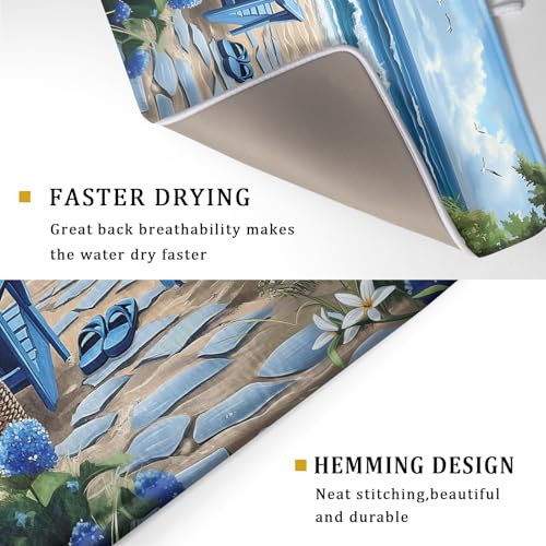 Summer Beach Dish Drying Mat 18x24 Inch Sea Shells Flowers Kitchen Mats Blue Microfiber Absorbent Dish Drainer Rack Mats Non