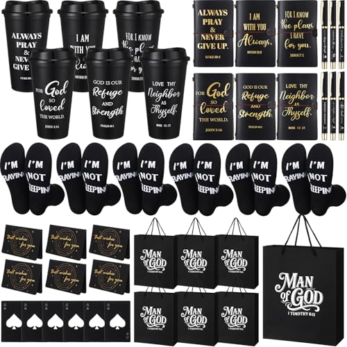 42 Pcs 6 Sets Christian Gifts for Men 16oz Reusable Religious Bible Coffee Cups with Lid Black Leather Notebook Socks Pen Card Man of God Bag Pastor Appreciation Gift with Bottle Opener (42 Count)