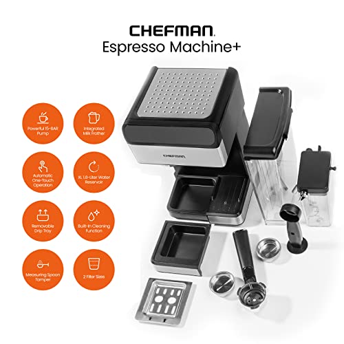 6-in-1 Espresso Machine with Built-In Milk Frother, 15-BAR Pump, Digital Display, One-Touch Single or Double Shot for Cappuccinos and Lattes, XL 1.8-L Water Reservoir, Stainless Steel
