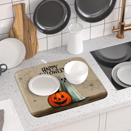 Happy Halloween Black Cat Ghost Dish Drying Mat for Kitchen Counter