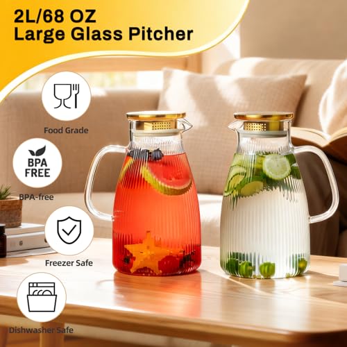 2 PACK Glass Pitcher with Lid and Widened Handle (68 Count)