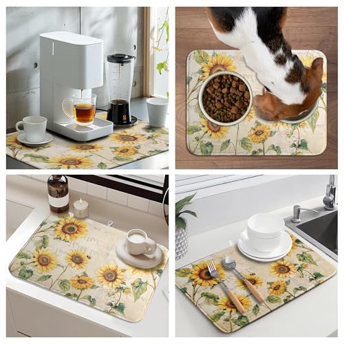 Spring Summer Dish Drying Mat Sunflower Kitchen Dish Drying Pad Absorbent Vintage Drying Mat for Countertops Dish Dryer Mat Microfiber Dishes Drainer Pad Dish Drying Rack Mat
