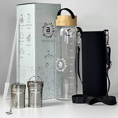 32oz Borosilicate Glass Water Bottle with Bamboo Lid and 2 Tea Infuser Sets for Fruit Infused Water and Cold Brew Coffee