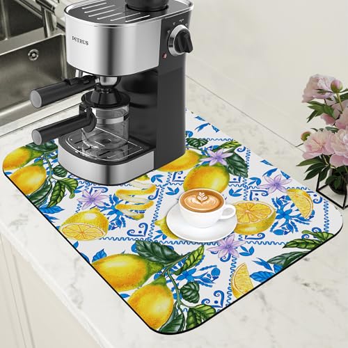 Lemon Fruit and Purple Flower Coffee Mat Absorbent Dish Drying Mat for Kitchen Counter Hide Stain Rubber Backed Coffee Bar Accessories Fit Under Espresso Machine Dish Drainer