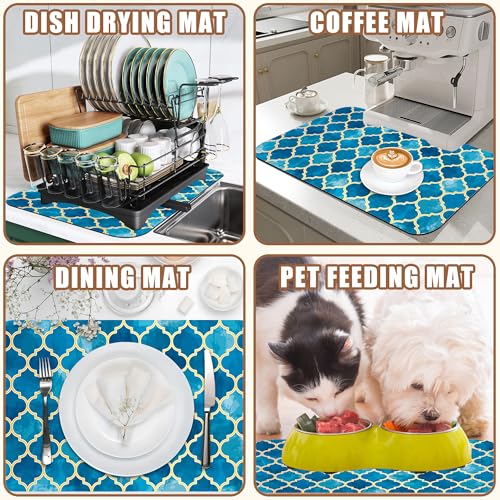 Dish Drying Mat Blue Moroccan Tile Coffee Bar Mat for Countertop Absorbent Hide Stain Rubber Backed Dish Drainer Rack Pad Coffee Maker Espresso Machine Dining Room Decor 15.7 x 23.6 Inch