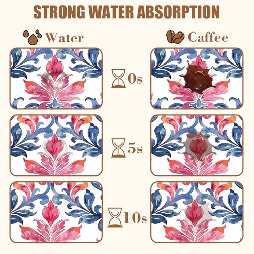 Blue and Pink Damask Coffee Mat Absorbent Dish Drying Mat for Kitchen Counter Hide Stain Coffee Bar Accessories with Rubber Backed Fit Under Espresso Machine Cafe Table