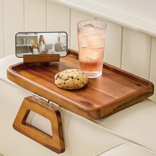 Large Acacia Sofa Arm Tray with Phone Holder