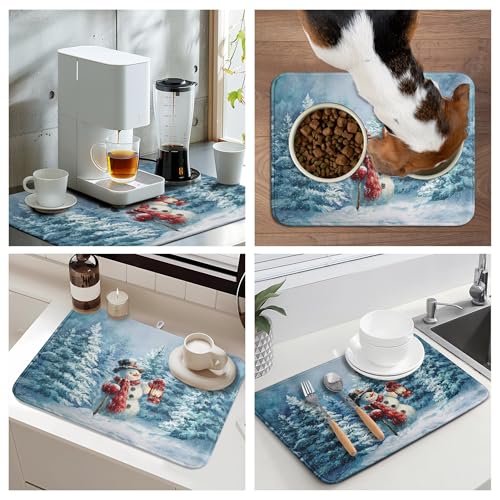 Winter Blue Snowman Dish Drying Mat Christmas Pine Tree Large Kitchen Mats Dish Drying Pad Xmas Absorbent Dish Dryer Mat for Kitchen Countertops Microfiber Drainer Pad Dish Drying Mats