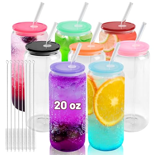 8pcs Glass Cups with Acrylic Lids and Straws 20 oz Drinking Glasses (8 Count)