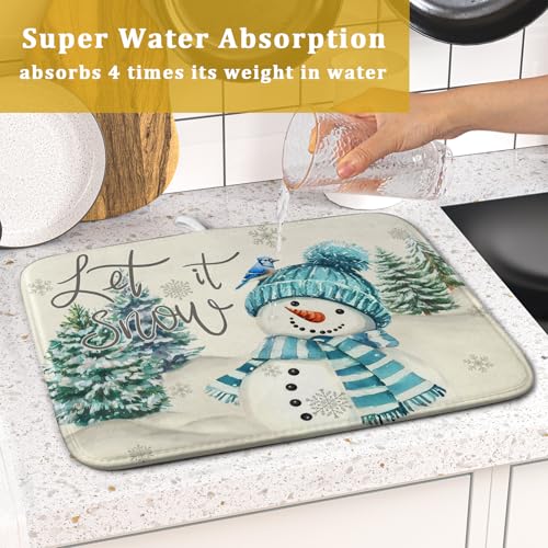 Blue Snowman Dish Drying Mat Xmas Trees Bird Winter Snowy Scene Dish Drainer Mats 16"x18" Microfiber Reversible Dish Drying Rack Pad Protector for Kitchen Countertop Decor