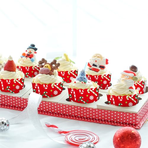100Pcs Christmas Paper Baking Cups Red Green Candy Cane Cupcake Wrappers Scalloped Edge Cupcake Muffin Cases for Xmas Winter Holiday Party Dessert Decoration (100 Count)