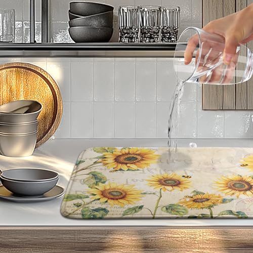 Spring Summer Dish Drying Mat Sunflower Kitchen Dish Drying Pad Absorbent Vintage Drying Mat for Countertops Dish Dryer Mat Microfiber Dishes Drainer Pad Dish Drying Rack Mat
