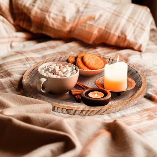 Rustic Wooden Serving Tray Set of 2 Round Wood Decorative Tray Centerpiece Dining Room Table Farmhouse Platter for Food (2 Count)