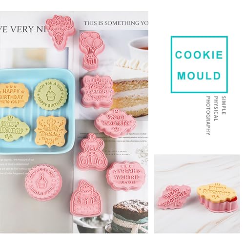 8PCS Happy Birthday Cookie Cutter Sets 3D Plastic Cookie Cutters with Plunger Stamps Pressable Biscuit Mold Cookie Molds Cake Baking Fondant Cutter Birthday Party DIY Cookie Decorating Supplies (8 Count)