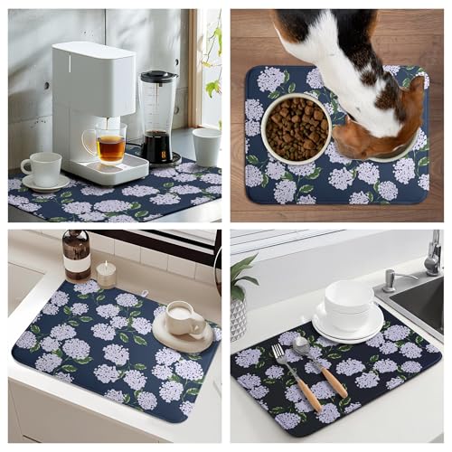 Navy Blue Hydrangea Dish Drying Mats Spring Summer Dish Mat Vintage Floral Drying Matt Dishes Dryer Pad for Kitchen Counter Absorbent Microfiber Washable Foldable Reusable 18x24 in