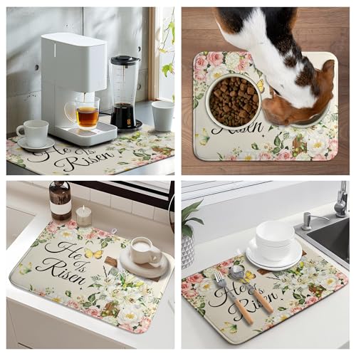 Easter He Is Risen Dish Drying Mats Spring Floral Dish Mat Easter Cross Drying Matt Dishes Dryer Pad for Kitchen Counter Absorbent Microfiber Washable Foldable Reusable 18x24 in