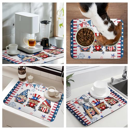 4th of July Gnomes Dish Drying Mat Patriotic Gnome Large Kitchen Mat Dish Drying Pad Absorbent Dish Dryer Mat for Kitchen Countertops Microfiber Drainer Pad Dish Drying Rack Mat