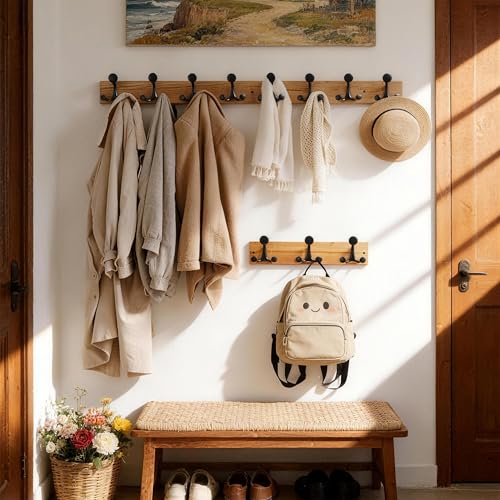 17 Inch Wood Coat Rack Wall Mount with 3 Triple Hooks