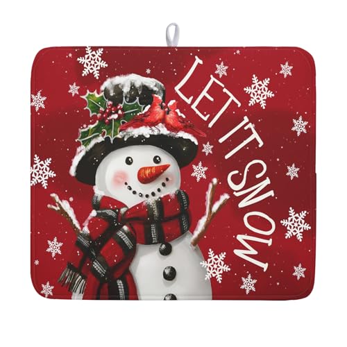 Merry Christmas Dish Drying Mat for Kitchen Counter 16x18 Inch Winter Snowman Dish Draining Mat Xmas Snowflakes Decorations Fast Absorbent Tableware Cardinal Birld Dishes Pad for Coffee Bar Countertop